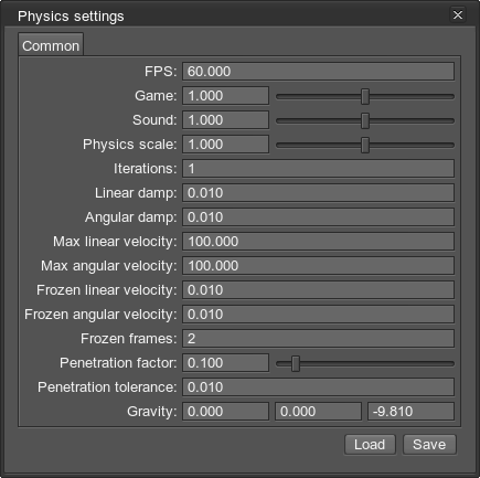 Physics editor Settings