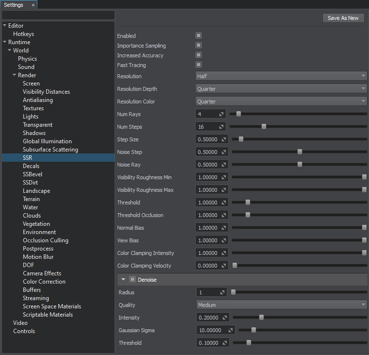 Screen-space reflections settings