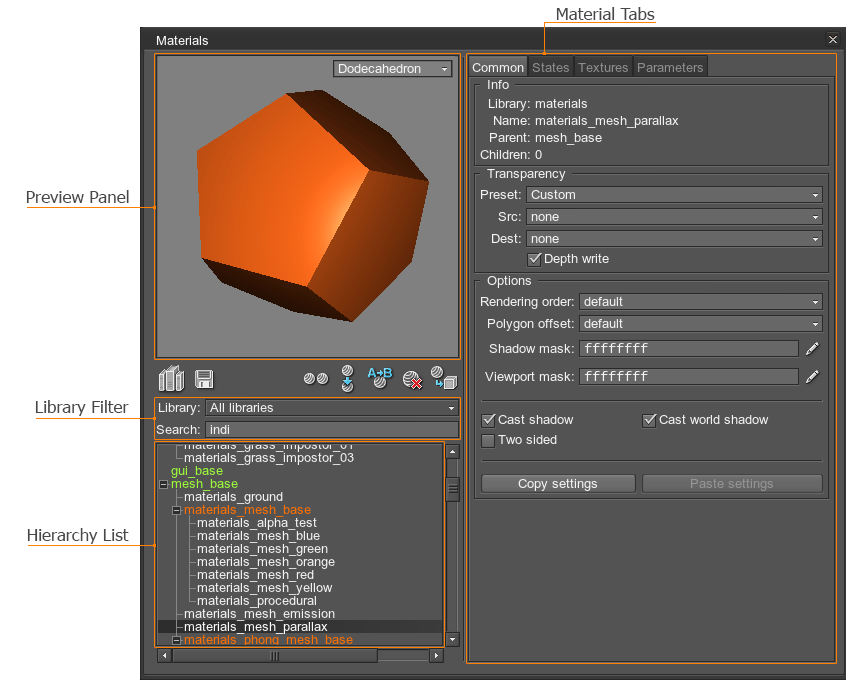 Materials editor settings