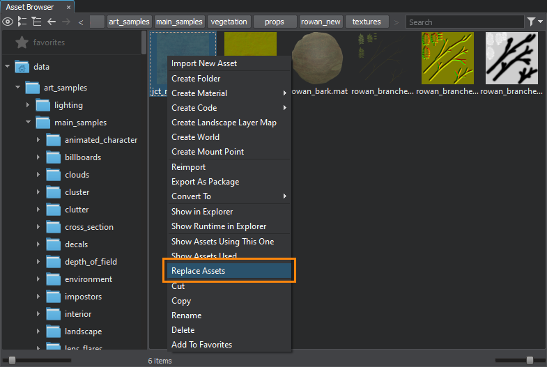上下文菜单中的 Replace Assets 选项