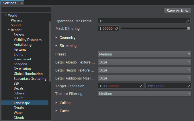 Terrain streaming rendering settings