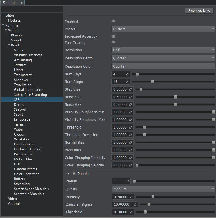 Screen-space reflections custom settings