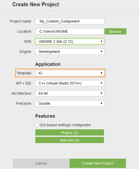 Create a Project using the IG Template and Component System