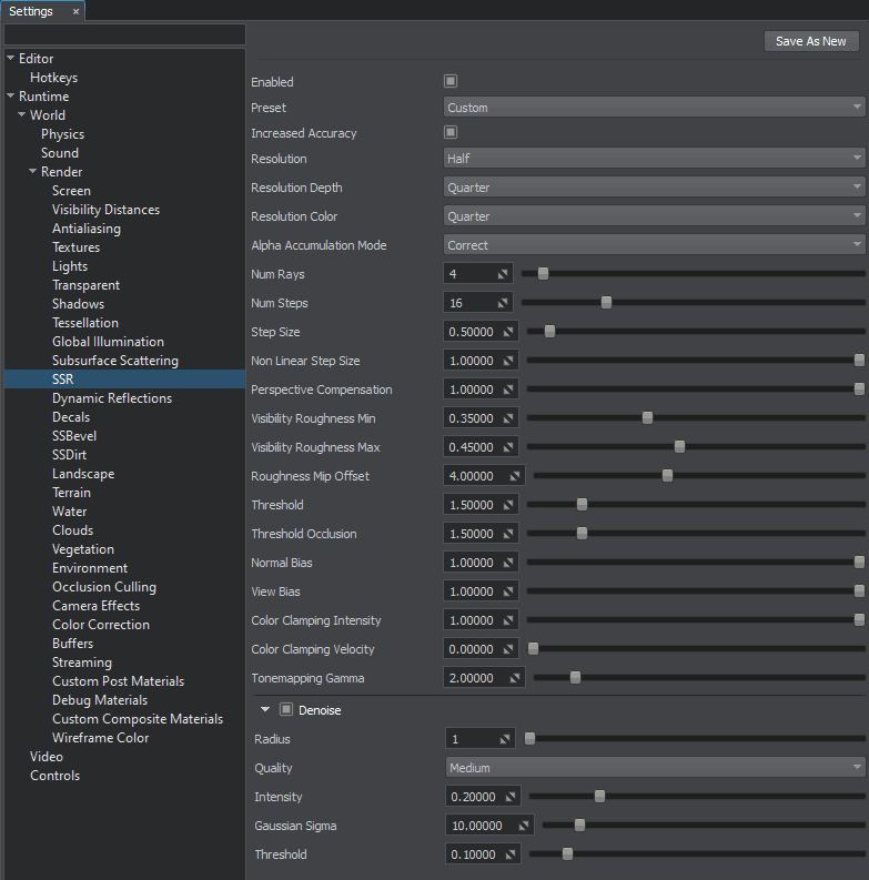 Screen-space reflections custom settings