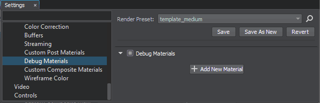 Debug Materials settings