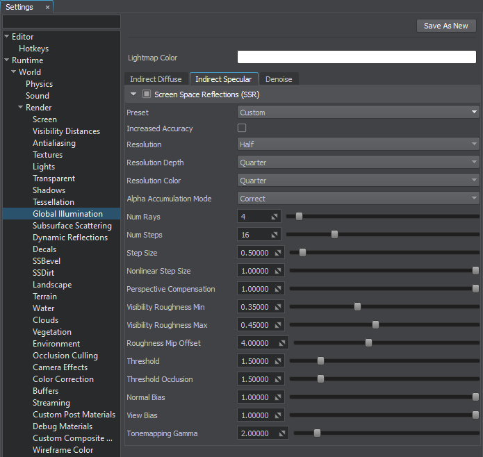 Screen-space reflections custom settings