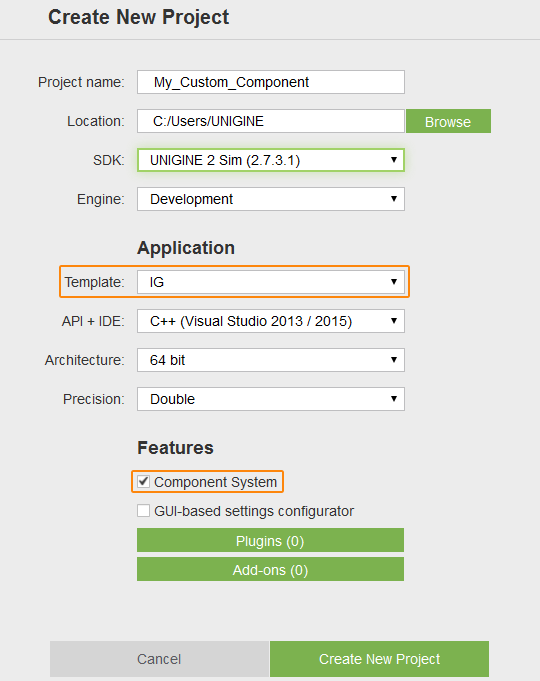 Create a Project using the IG Template and Component System