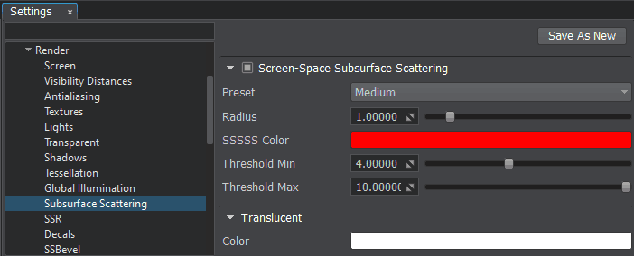 Subsurface scattering settings