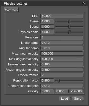 Physics editor Settings