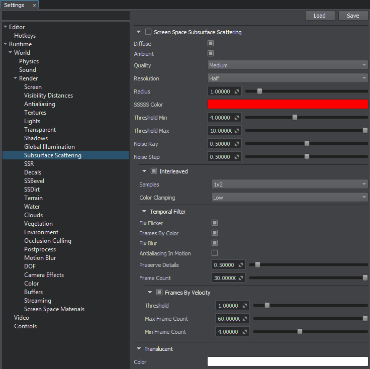 Subsurface scattering settings