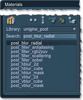 A list of postprocess materials in the Materials editor